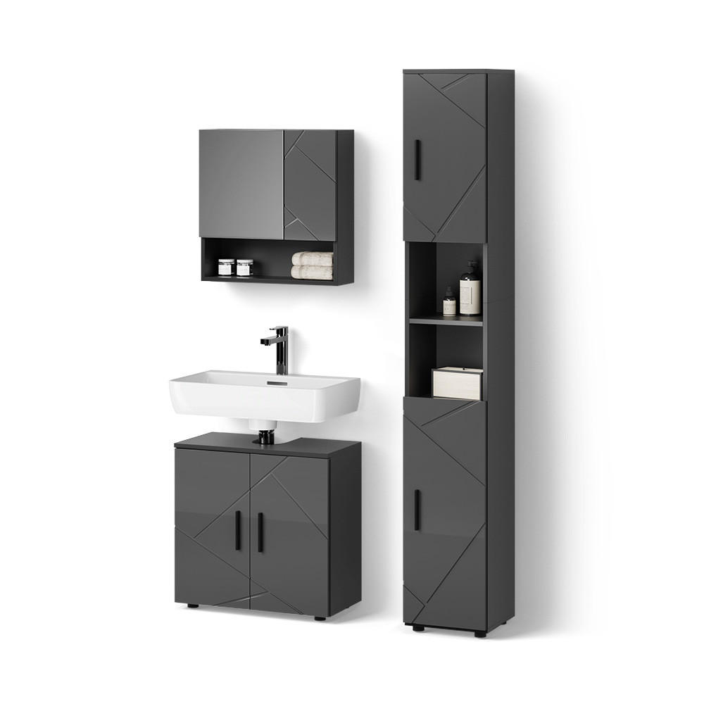BADMÖBEL-SET Ronco Anthrazit Hochglanz 3 Teile, mit Hochschrank - Schwarz Hochglanz/Anthrazit, Holzwerkstoff (60/192/30cm) - Livinity®