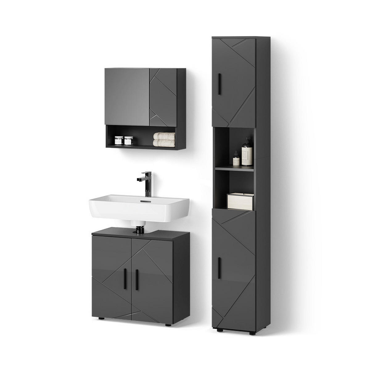 BADMÖBEL-SET Ronco Anthrazit Hochglanz 3 Teile, mit Hochschrank - Anthrazit, Holzwerkstoff (60/192/30cm) - Livinity®