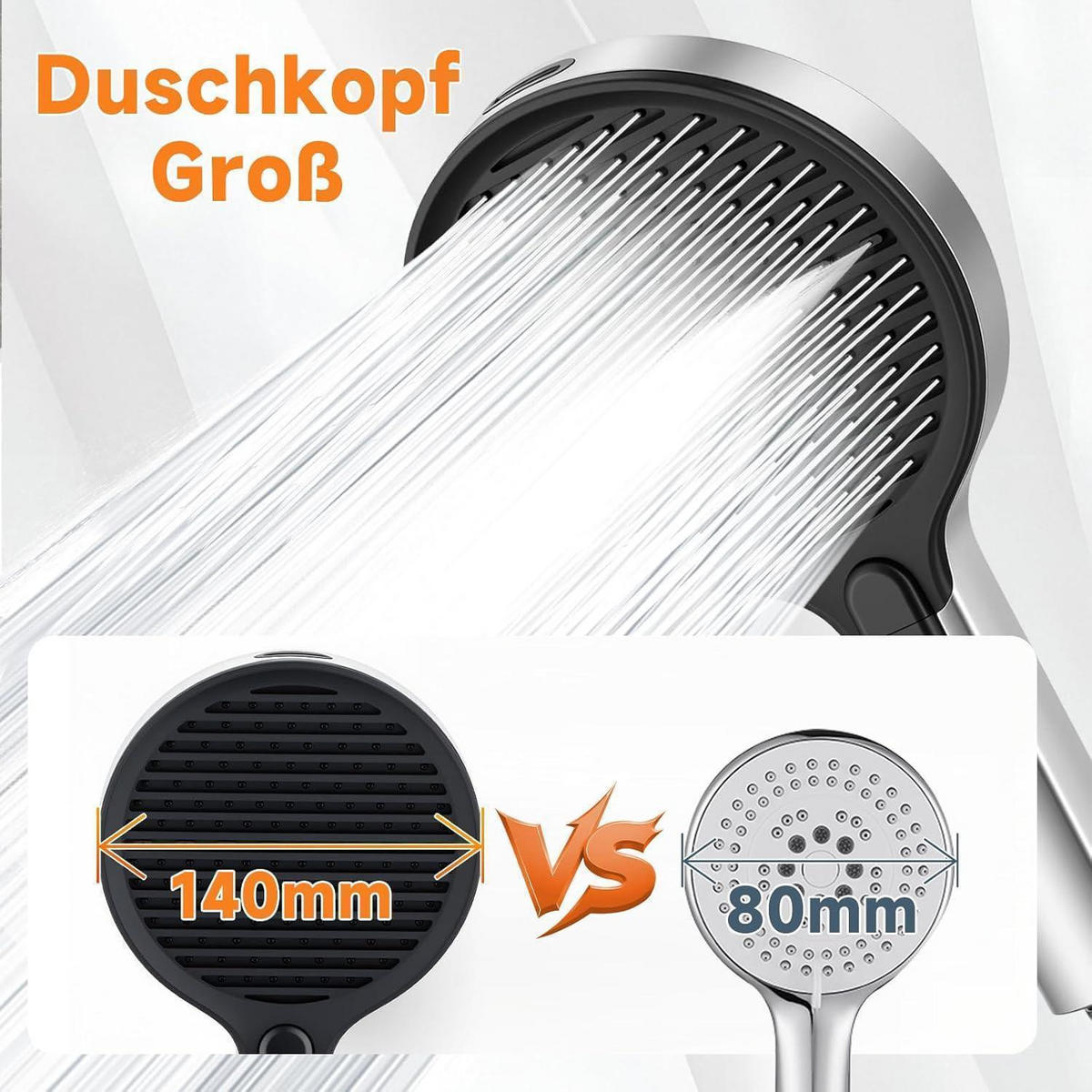 HANDBRAUSE 140 mm mit 3+1 Strahlarten und Wassersparfunktion - Silberfarben, Metall (15/12.7/25cm)