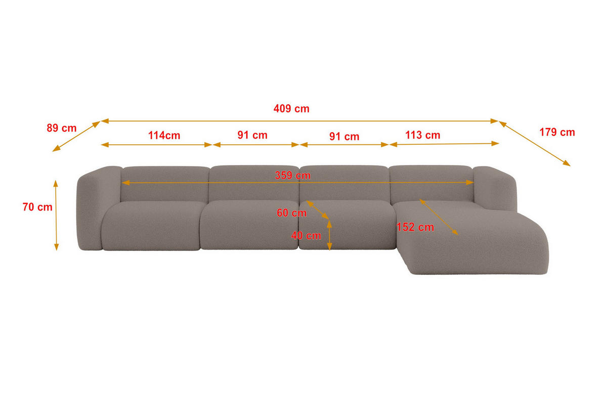 ECKSOFA Ottomane Rechts MIRA-L3 409x179x70 Braun Bouclé - Dunkelbraun/Schwarz, Holzwerkstoff/Kunststoff (409/179cm) - ALTDECOR