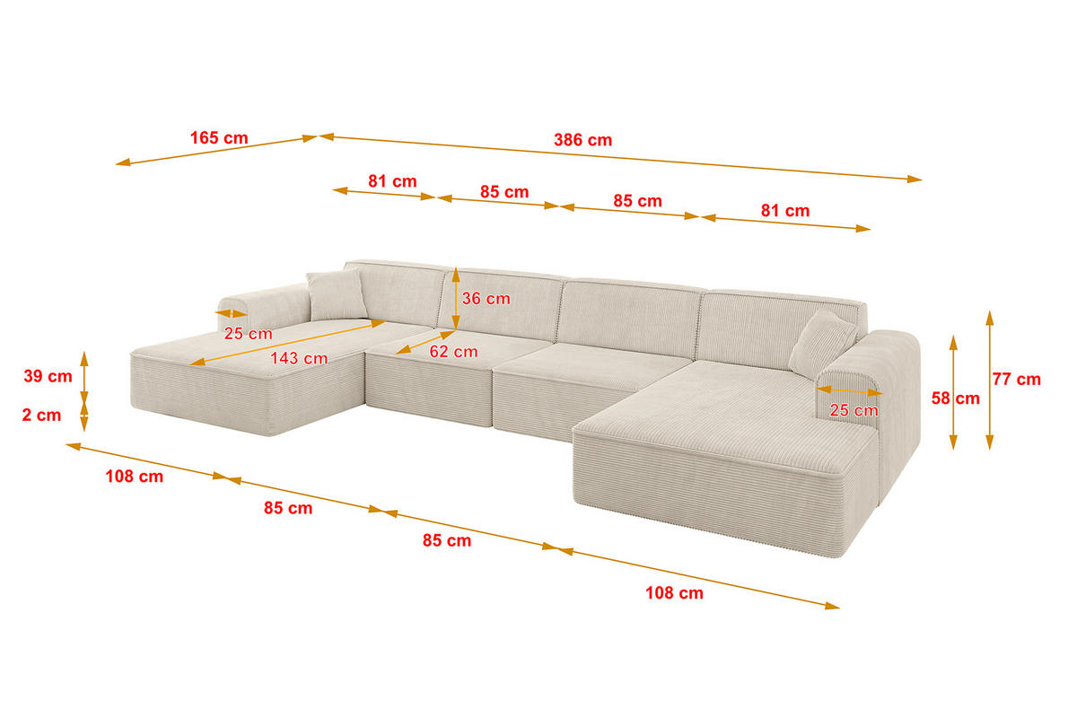 WOHNLANDSCHAFT IREA-U2-v3 - 386x165x77 cm Beige - Beige, Holzwerkstoff/Textil (386/77/165cm) - ALTDECOR