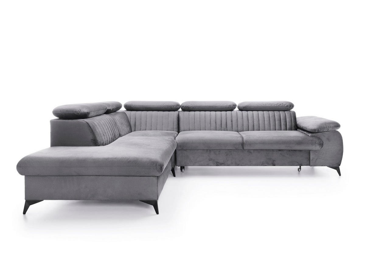 ECKSOFA FIORE Grau Velours-Stoff mit Schlaffunktion - Grau, Holz (275/221cm) - MASSENO