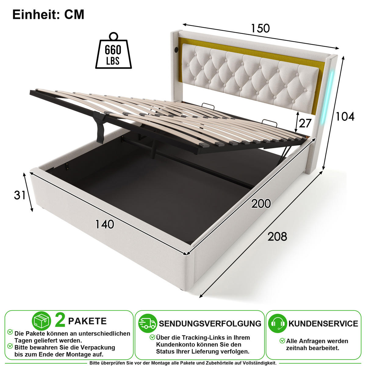 POLSTERBETT 140/200 cm in Hellbeige mit Bettkasten, LED und USB/Type-C Stoff - Beige, Holzwerkstoff/Textil (140/200cm) - CHICFURN