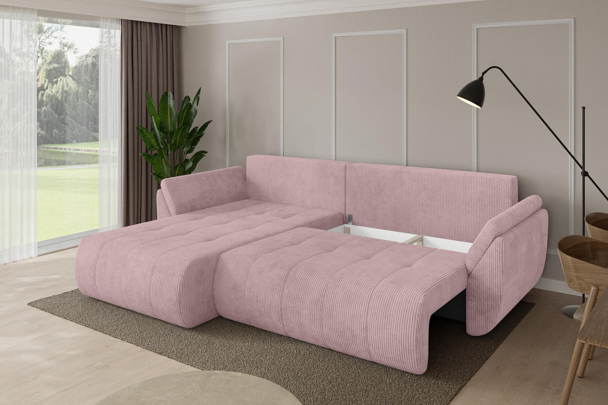 ROHOVÁ SEDAČKA s funkcí spaní, otoman vlevo TOKO-L 277x194x86 růžová manšestr - růžová/černá, kompozitní dřevo/textil (277/194cm) - ALTDECOR
