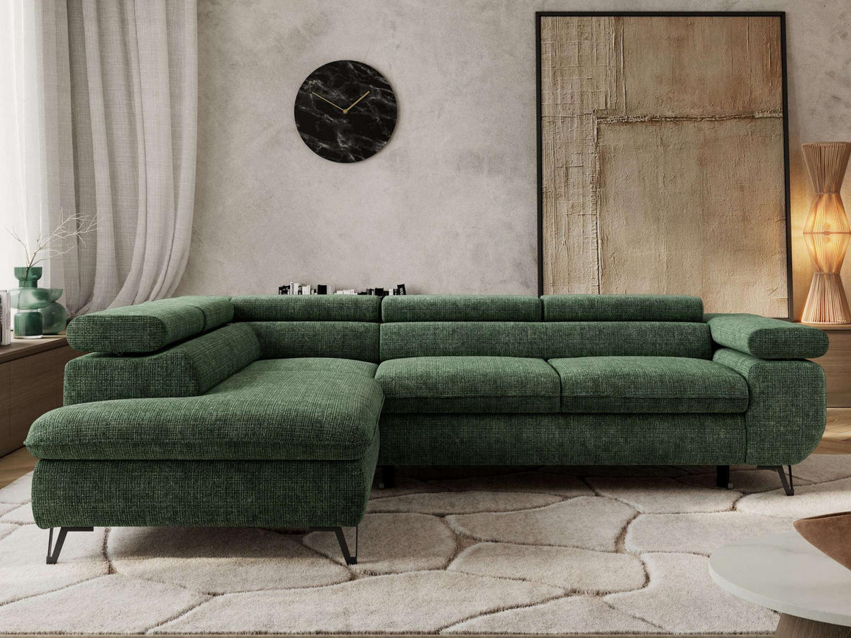 ECKSOFA PABLO L Dunkelgrün Schenille grob gewebt - Links Seite mit Visco Topper - Dunkelgrün/Schwarz, Textil/Metall (208/273cm) - MKS