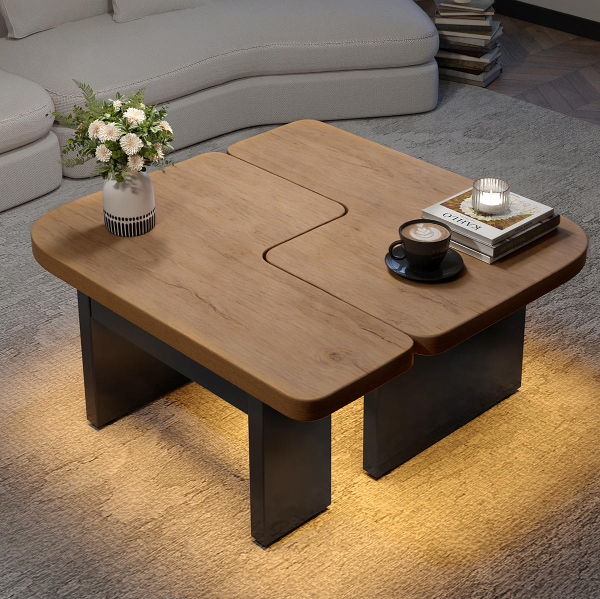 COUCHTISCH 90/60 cm mit LED-Beleuchtung und 2 Schubladen - Naturfarben, Holzwerkstoff (90/60/44.5cm) - BEAOK