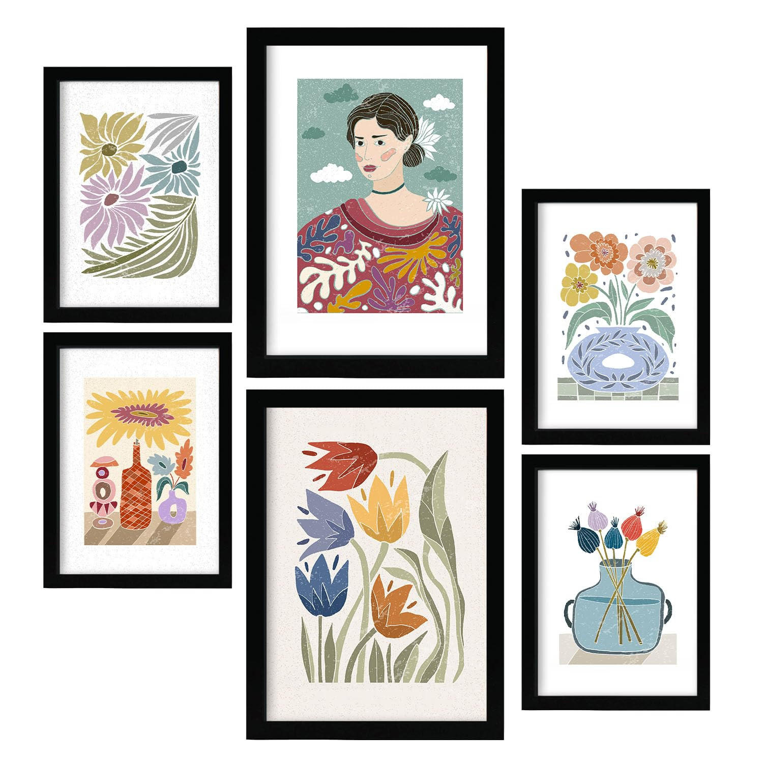 POSTER Set Mit 6 Drucken Garten In Ethnischendruckkollektionen Dekorative Rahmen Für Ihr Wohnzimmer Zuhause Wandkunstdruck A3 & A4 Schwarzer Rahmen - Schwarz, Papier (29/3cm) - Nacnic
