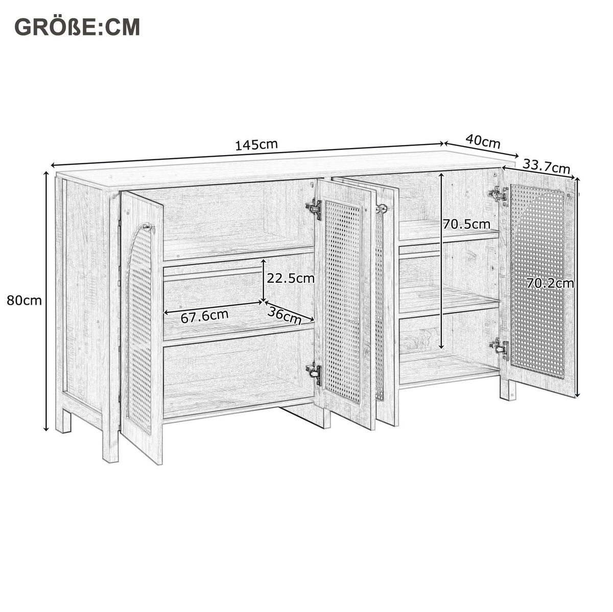 SIDEBOARD aus MDF mit 4 Kunst-Rattantüren und Metallgriffen Schwarz - Schwarz, Holzwerkstoff (145/40/80cm) - Modenvie