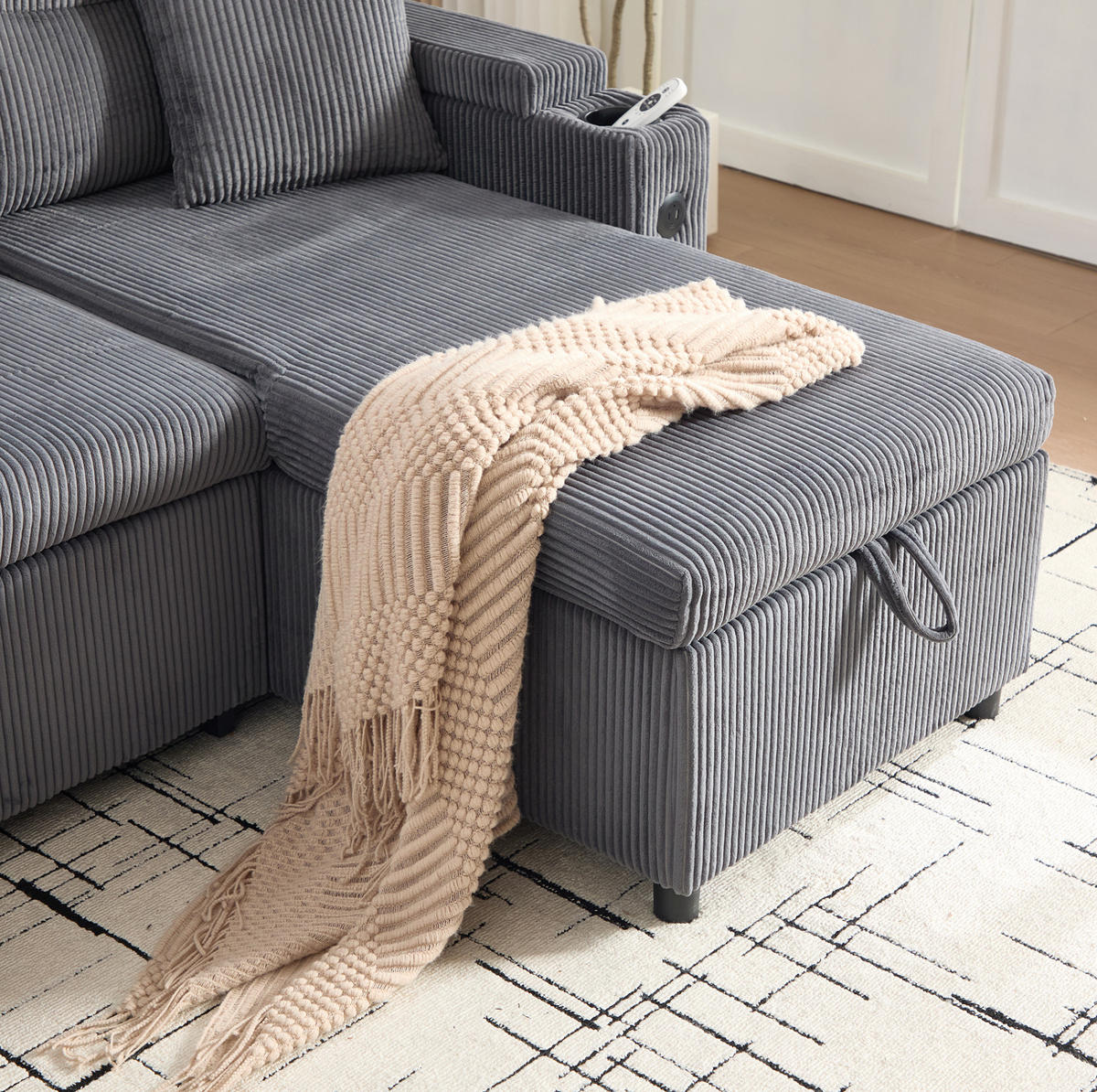 SOFA 212,5/136/86 cm aus Cord mit Stauraum und USB-C - Anthrazit, Textil (136/86/212.5cm) - Flora Grace