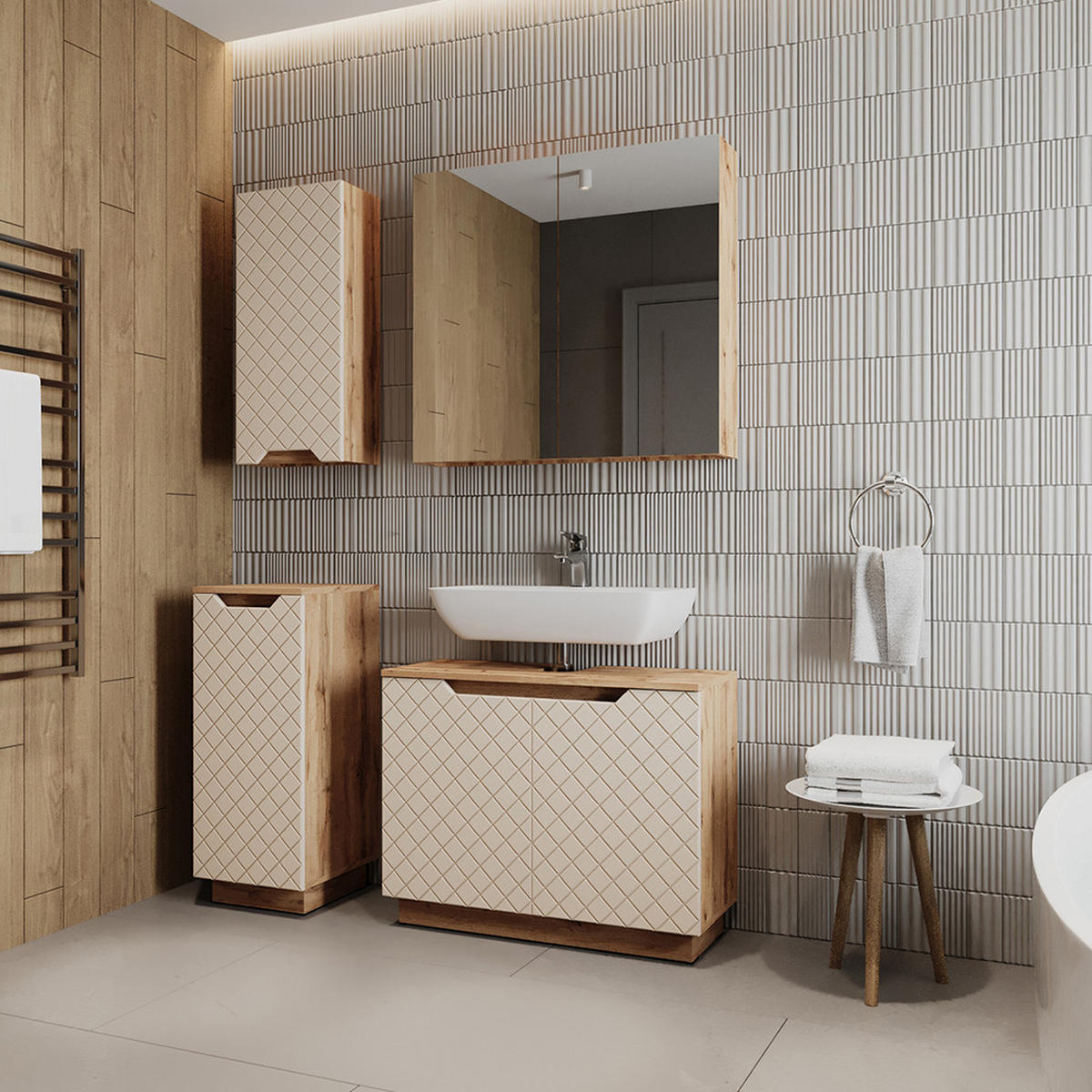 BADMÖBEL-SET Lotta Eiche/Kaschmir mit Kachelstruktur 4 Teile - Kaschmir/Eichefarben, Holzwerkstoff (79.6/62.1/32cm) - Vicco