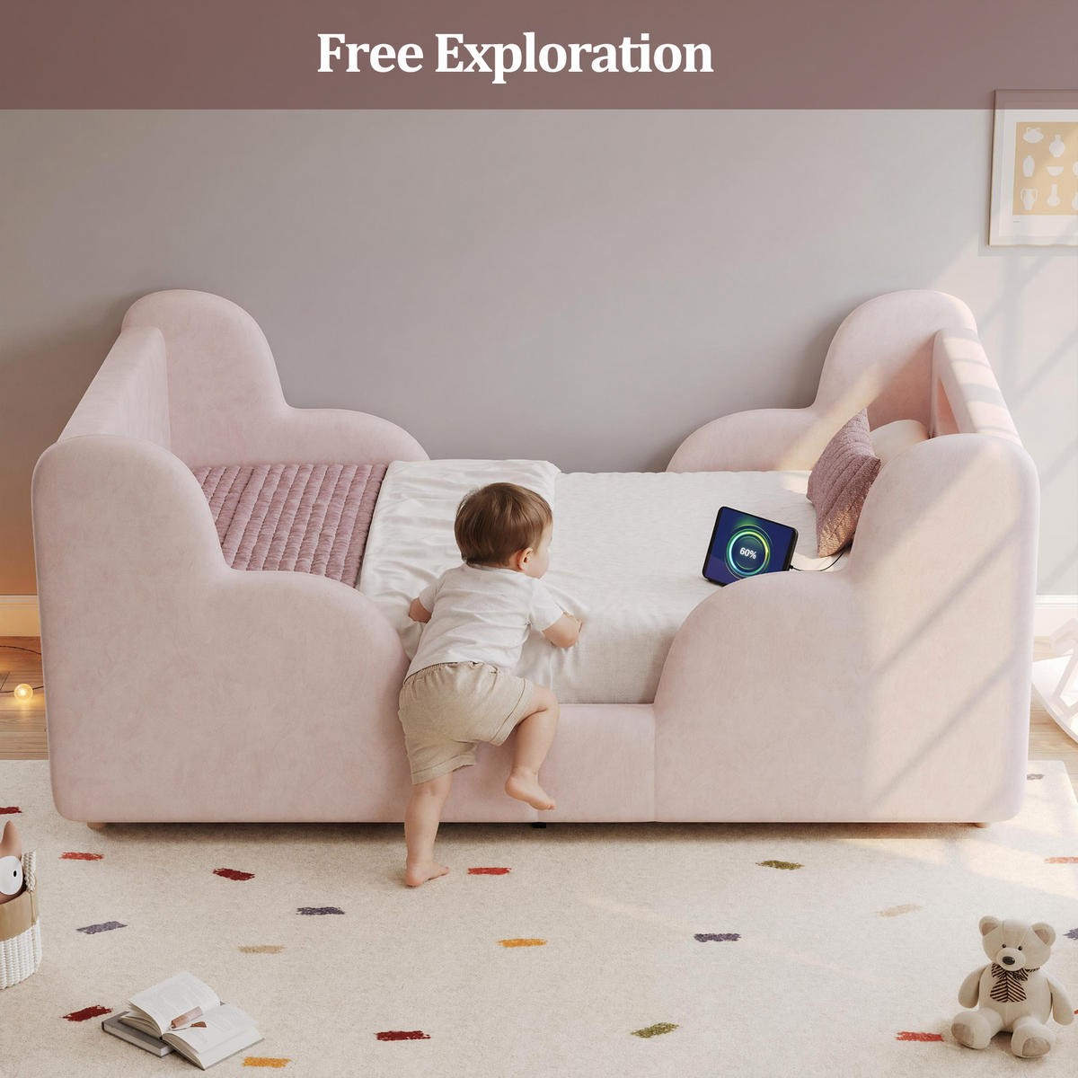 KINDERBETT Rosa Samt 90x200 Schutzgeländer Massivholz - Pink, Textil (90/200cm) - FLIEKS