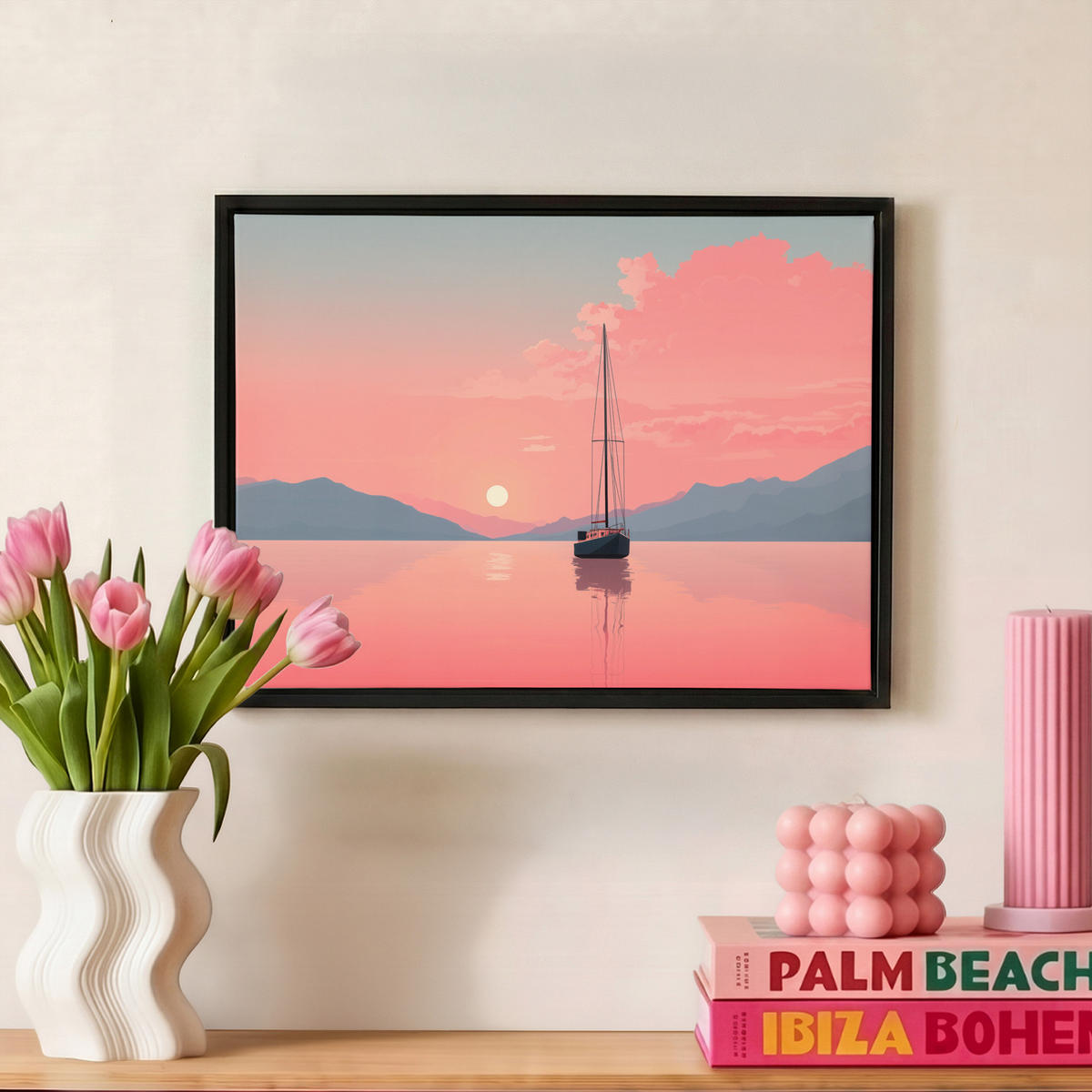 LEINWAND Bilder mit Rahmen - Segelboot - Rosa Meer - Sonnenuntergang - Berge - 40x30 - Rosa, Textil (40/30cm) - MuchoWow