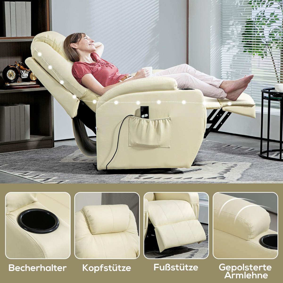 FERNSEHSESSEL mit Aufstehhilfe Elektrisch Relaxsessel mit Liegefunktion Creme - Creme/Schwarz, Leder/Kunststoff (92/109/85cm) - HOMCOM