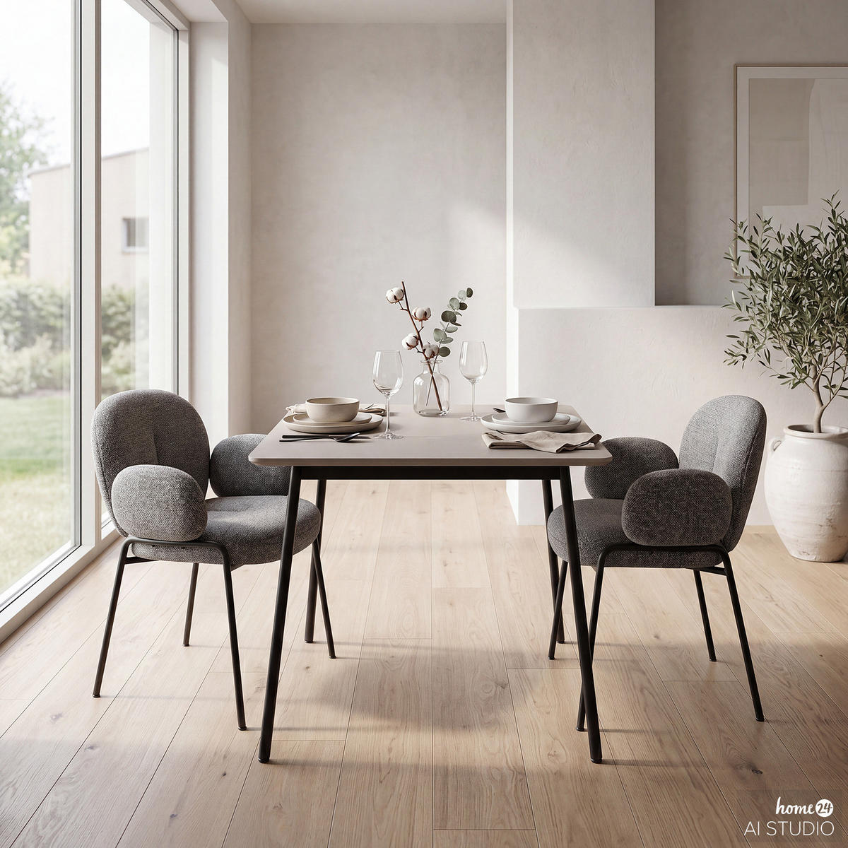 ARMLEHNENSTUHL - 2er-Set - Strukturstoff / Eisen - Schwarz/Grau, Textil/Metall (60/81/61cm) - home24