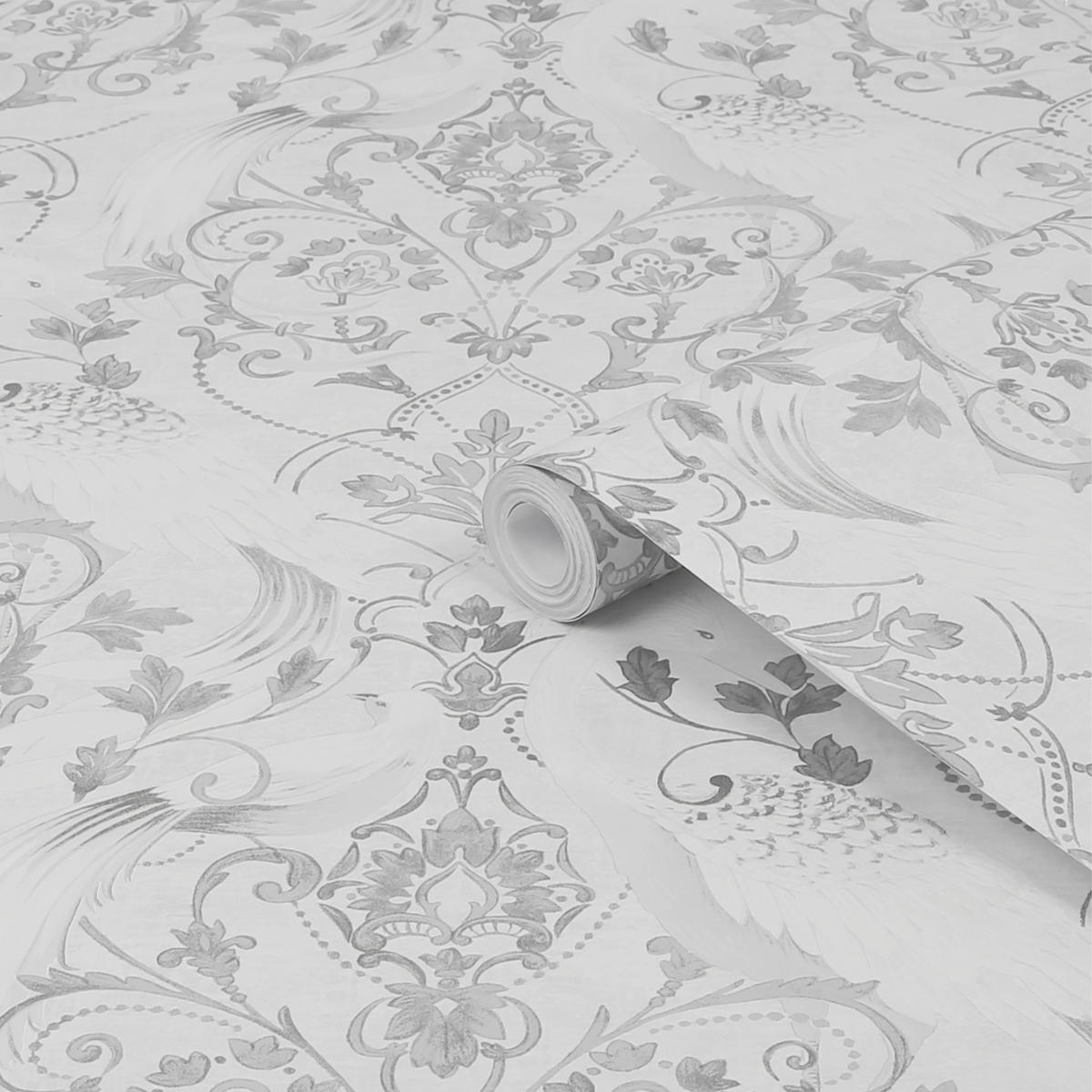 VLIESTAPETE Tregaron Silber | Silber | Damastmuster mit Kranichen | 10mx52cm - Silberfarben, Papier/Kunststoff (52/1000cm) - Graham & Brown