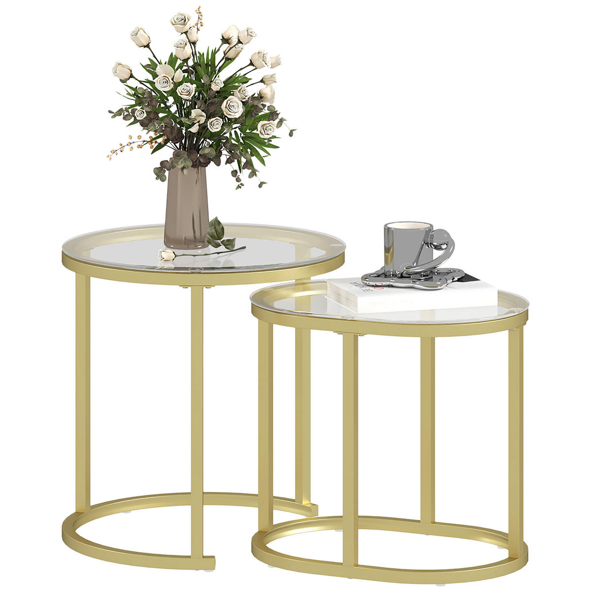 COUCHTISCH 2er-Set DE-08795 rund & oval, stapelbar mit Glasplatte Gold - Goldfarben, Metall (50/50/50.5cm) - ComfortXL