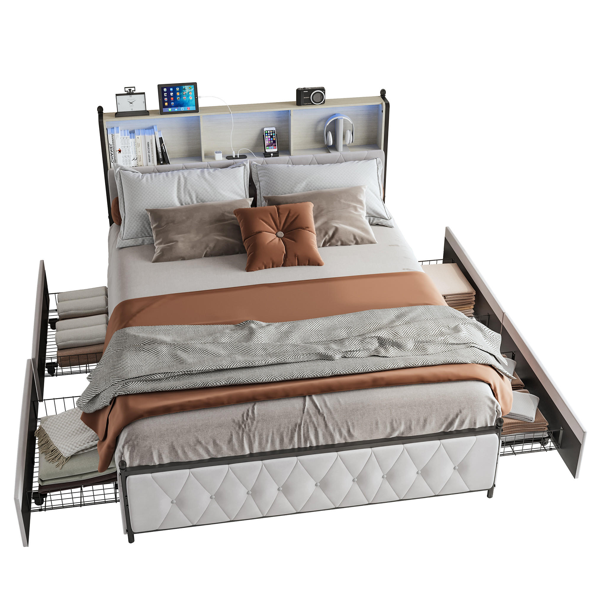 POLSTERBETT 160x200 cm, Beige, LED-Beleuchtung und USB-Typ-C, Samt - Beige, Textil/Metall (160/200cm)