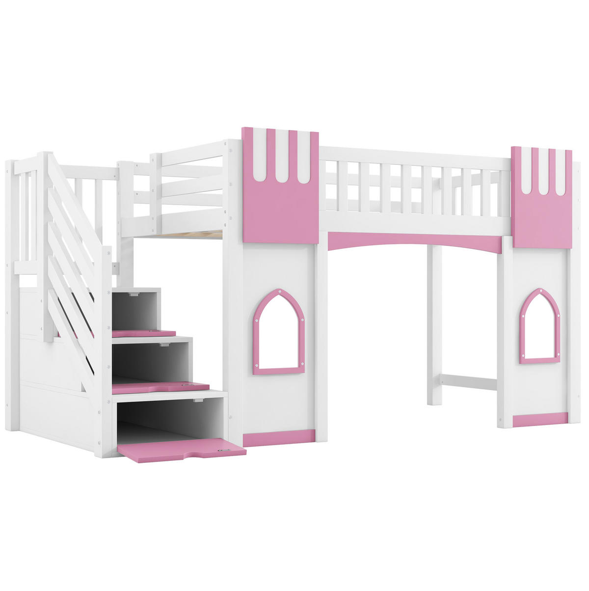 HOCHBETT 90/200 cm, Weiß/Rosa mit Stauraumtreppe und 2 Fenstern - Weiß, Holz (90/200cm) - MIVRAY