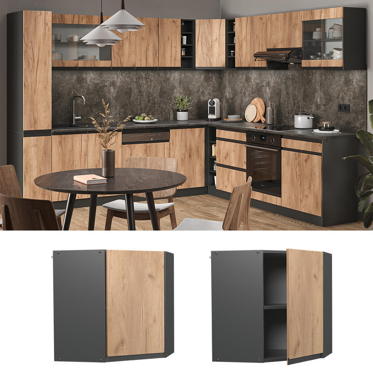 ECKHÄNGESCHRANK R-Line Goldkraft Eiche 57 cm J-Shape - Honigeiche/Anthrazit, Holzwerkstoff (57/60/34.1cm) - Vicco