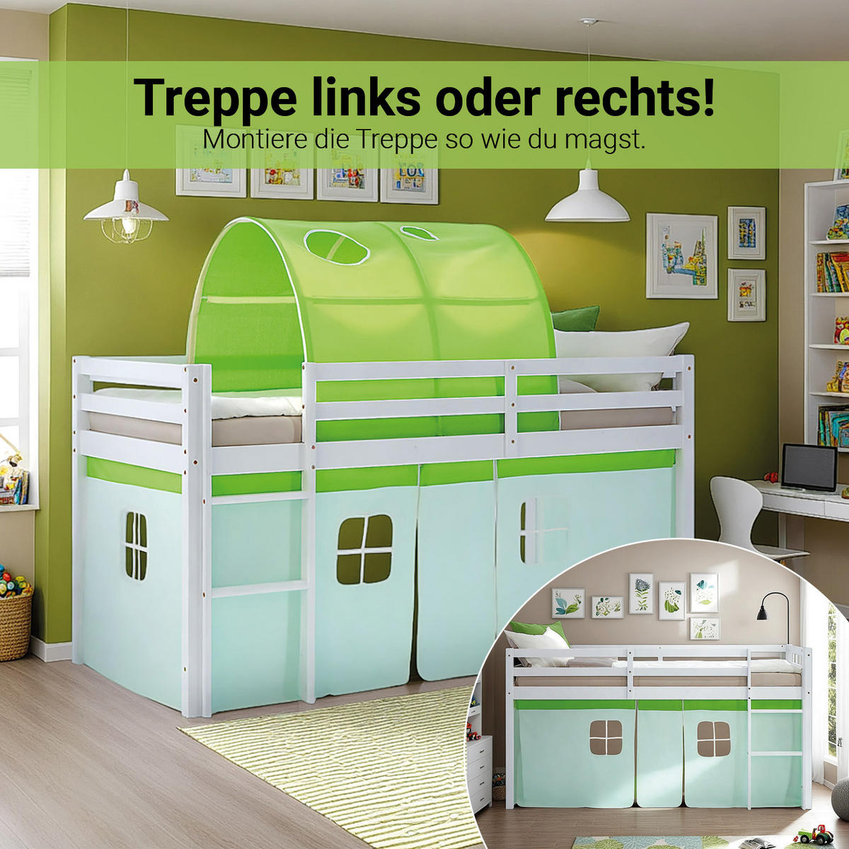 HOCHBETT 90/200 cm in weiß mit Tunnel + Vorhang grün - Weiß/Grün, Holz/Textil (90/200cm) - Homestyle4u