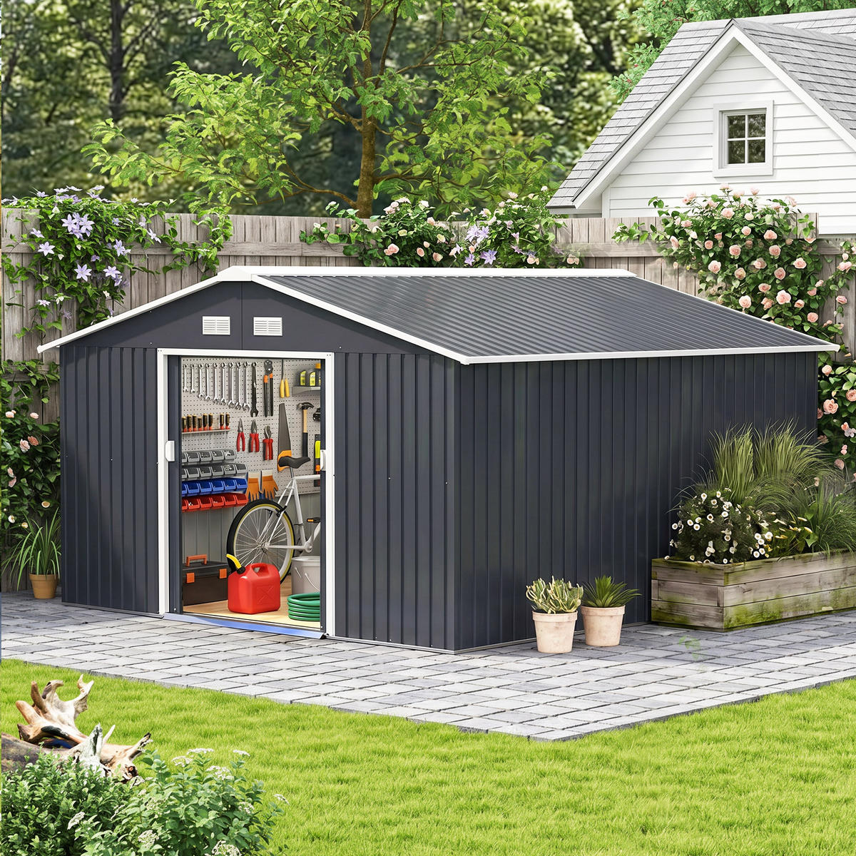 GERÄTEHAUS Geräteschuppen Gartenschrank Geräteschrank Metall Kohlegrau - Grau, Metall (340/200/386cm) - Outsunny