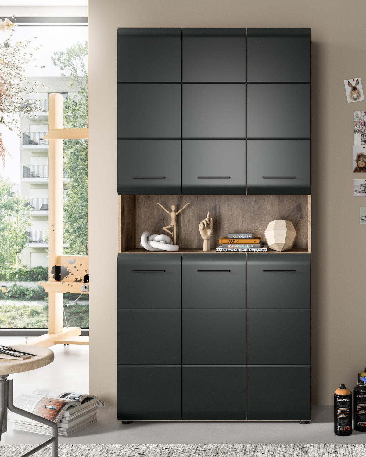 HOCHSCHRANK schwarz matt, Eiche, Badschrank Mehrzweckschrank 6-türig 90 x 185 cm - Eichefarben/Schwarz, Holzwerkstoff/Kunststoff (90/185/30cm) - Inn.Furn