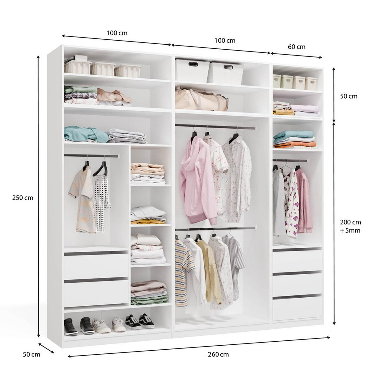 GARDEROBSSKÅP Vit 260/250/50 - Vit, Träbaserade material (260/250/50cm) - RAUMHIRSCH FURNITURE