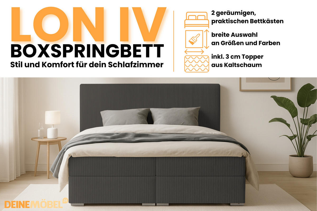 BOXBETT LON IV 160/200 in Cord Anthrazit H3 - Anthrazit, Holz/Holzwerkstoff (160/200cm) - Deine Möbel 24