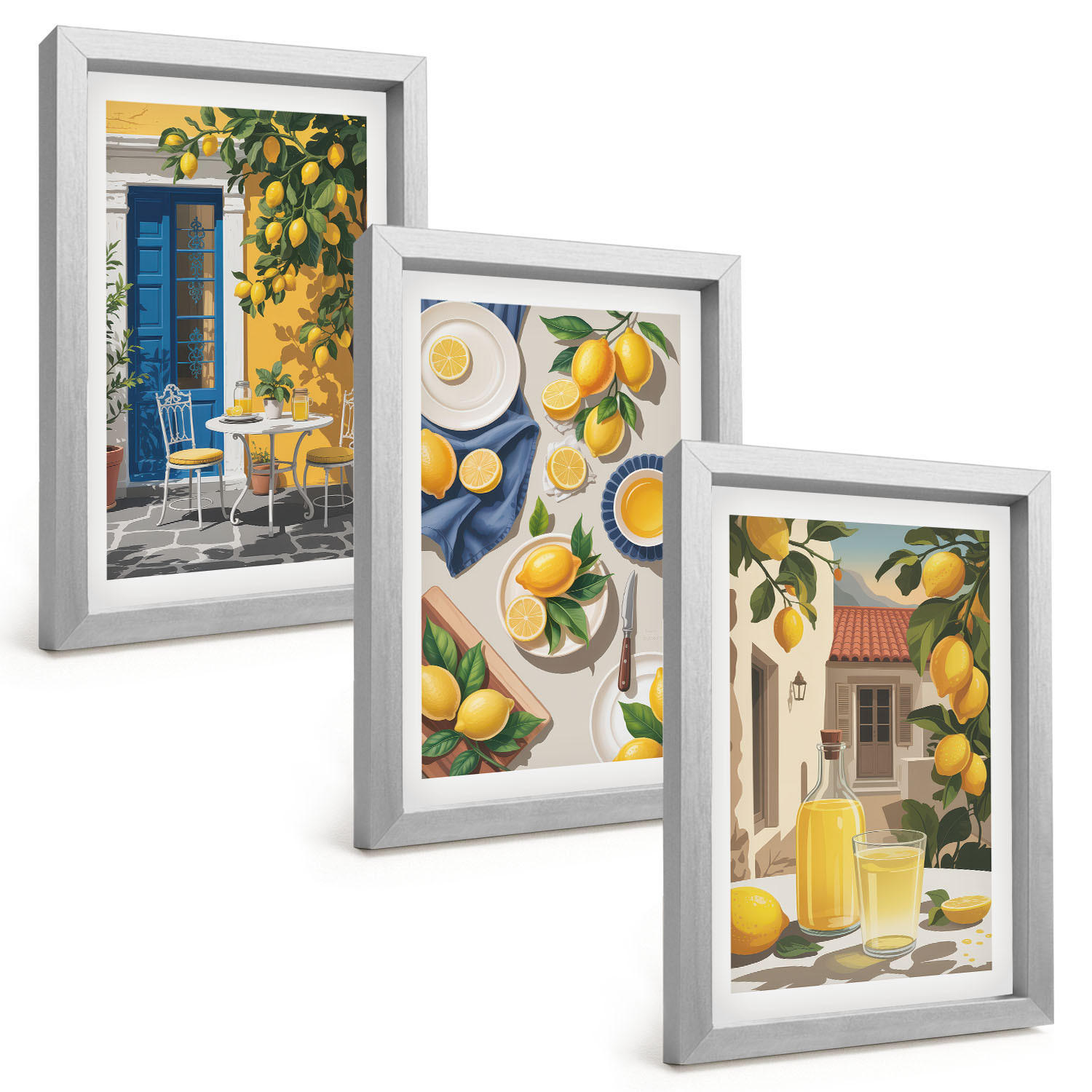BILDER SET 3er Set - 20x30 cm Silberner Rahmen - Zitronengarten mit Getränken - Silberfarben, Kunststoff (20/30cm) - TULUP