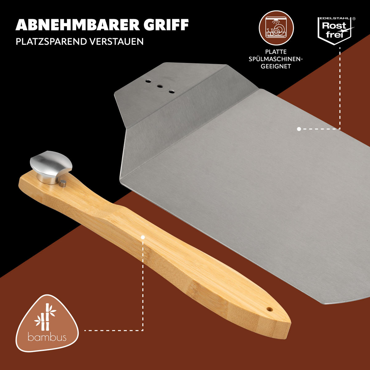 PIZZASCHIEBER 3er Set, aus Edelstahl mit Bambusgriff - Grau, Metall (60.5/1.5/25.5cm) - eluno