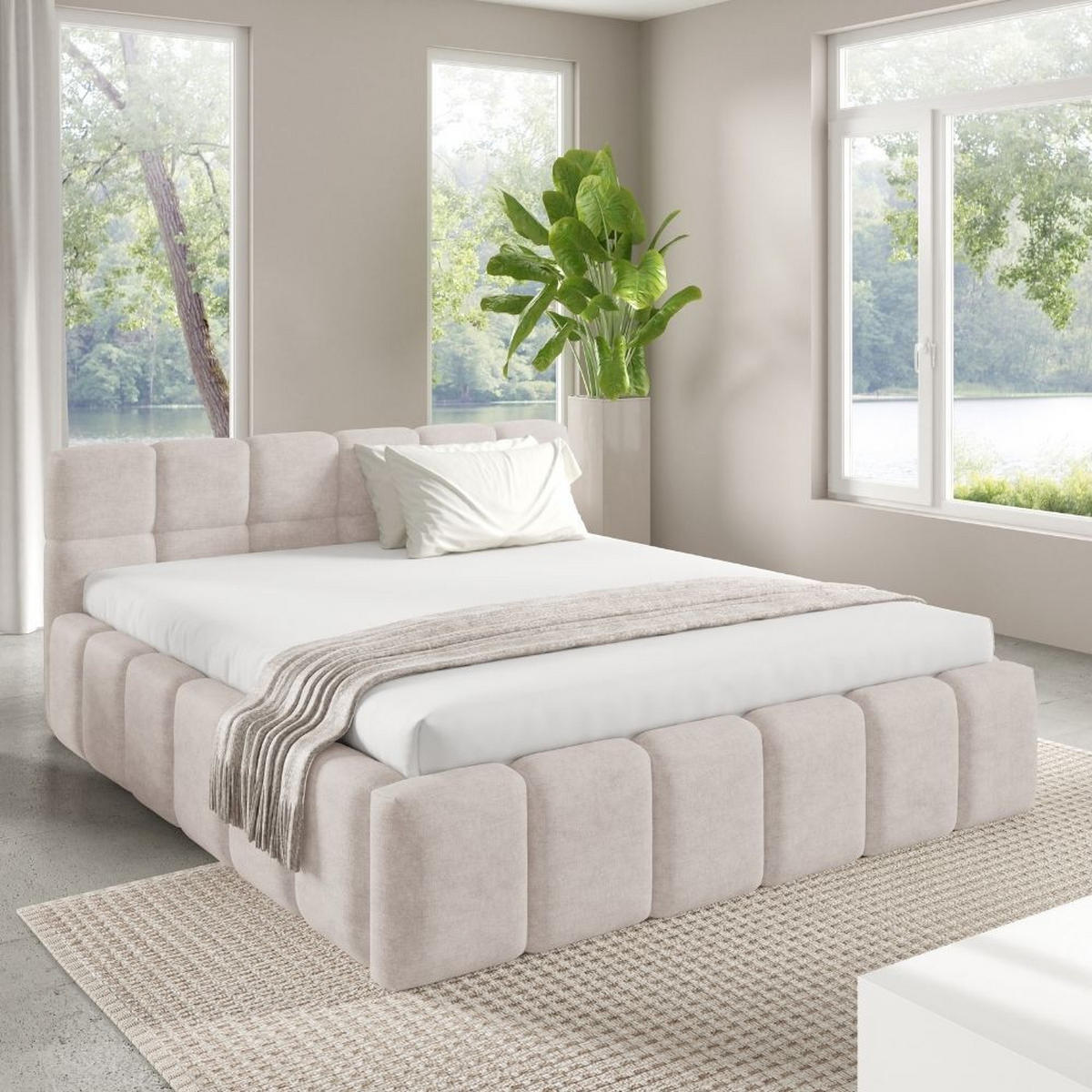 POLSTERBETT NUBO Medium 180x200 cm mit Bettkasten – PERFECT HARMONY 02 - Creme, Holz (180/200cm) - Dekori_Interiors
