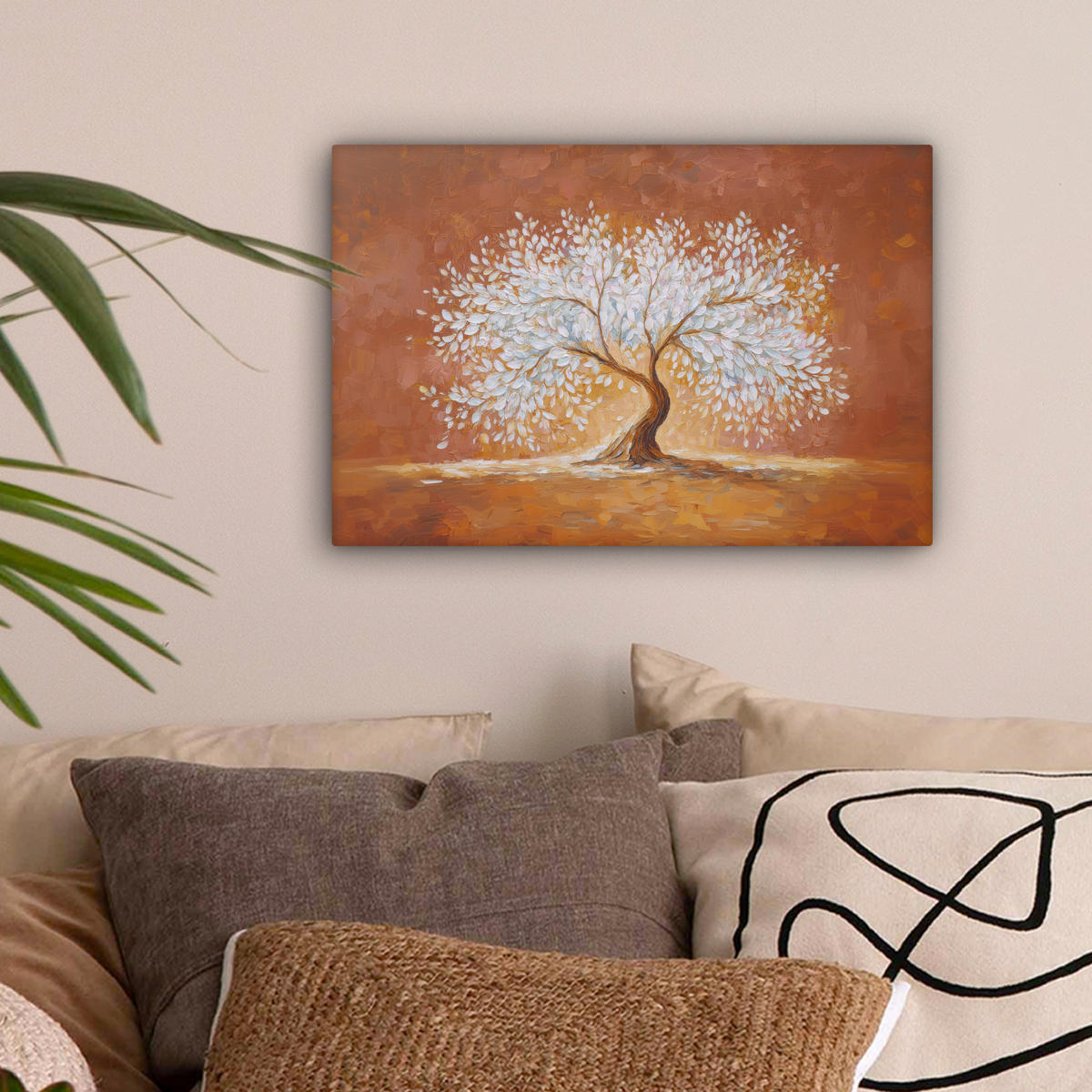 LEINWANDBILD Abstrakt - Baum - Weiß - Blätter Deko Schlafzimmer 30x20 cm - Braun, Textil (30/20cm) - MuchoWow
