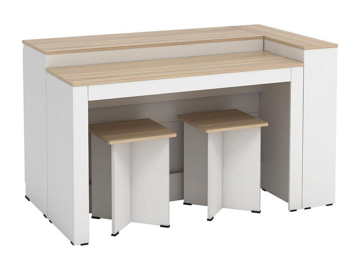 SET zentrale Kücheninsel + 2 Hocker - Weiß & Holzfarben hell - NUSICE - Naturfarben, Holz (138.7/82/79.2cm) - Vente-Unique