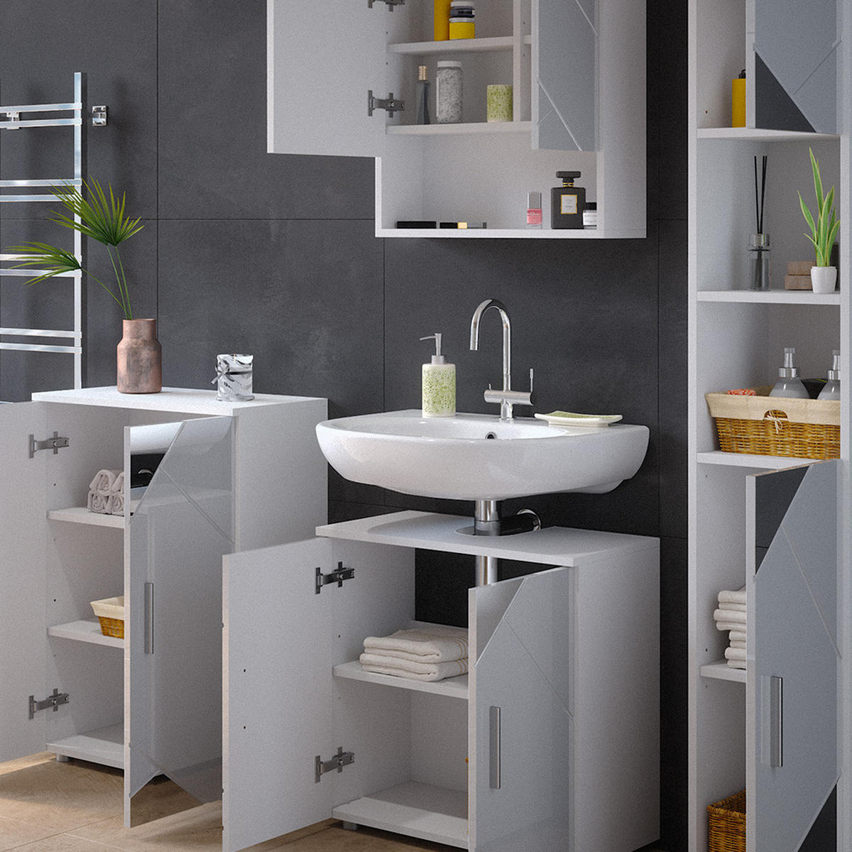 BADMÖBEL-SET Irma Weiß 4 Teile, mit Hochschrank und Kommode - Weiß Hochglanz/Weiß, Holzwerkstoff (80/58.6/41cm) - Vicco