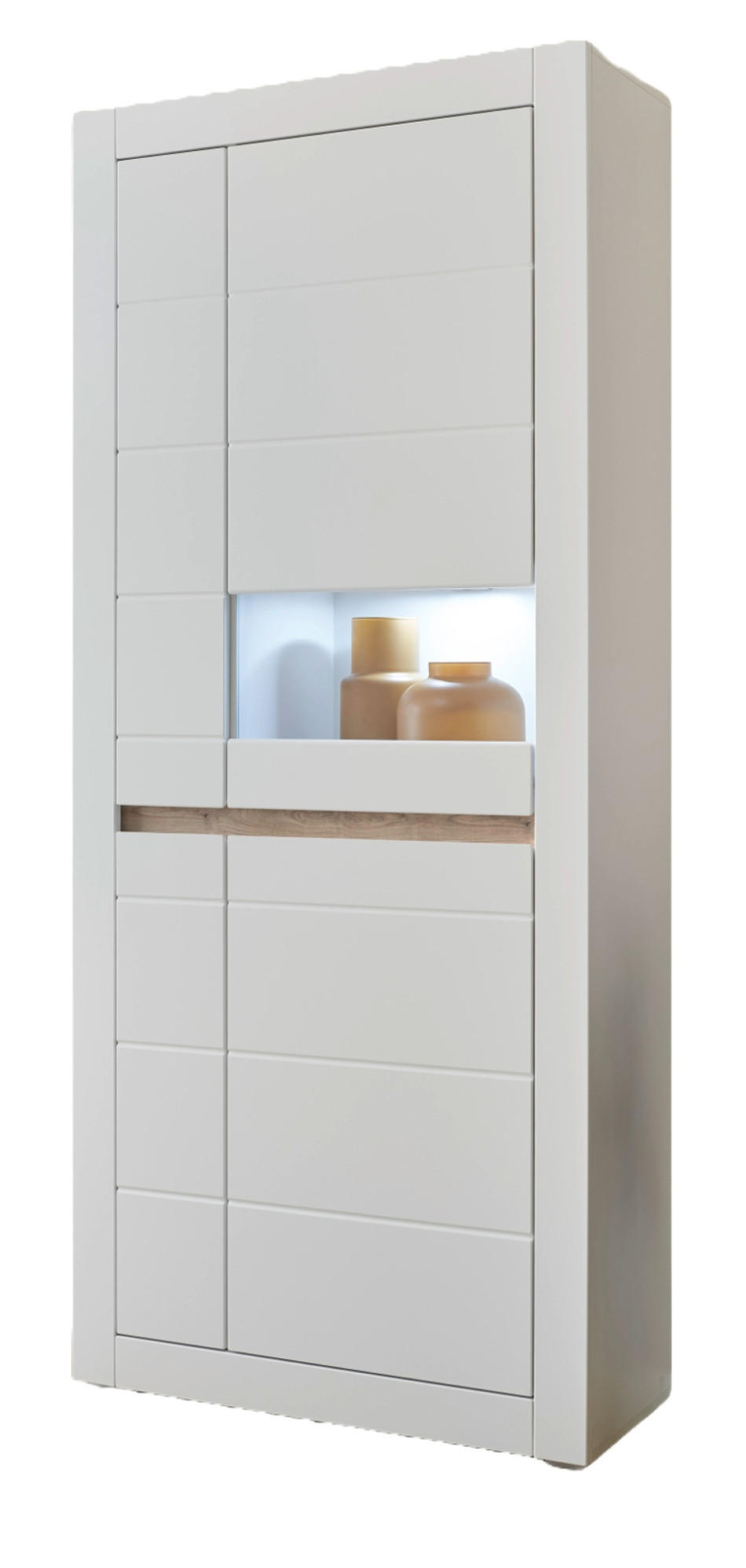 VITRINE weiß matt, Evoke Eiche, Vitrinenschrank mit Soft-Close-Funktion und Beleuchtung - Eichefarben/Silberfarben, Holzwerkstoff/Kunststoff (85/198/35cm) - Furn.Design