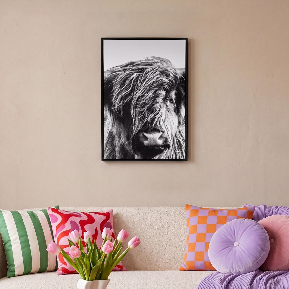LEINWAND Bilder mit Rahmen - Kuh - Schottischer Hochländer - Schwarz - Weiß - Tier - Natur - Wildtiere - 40x60 - Schwarz, Textil (40/60cm) - MuchoWow