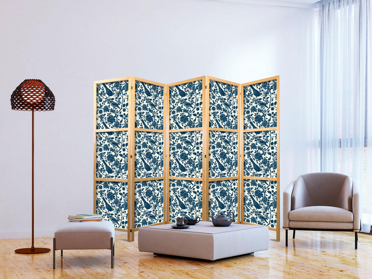 PARAVENT Japanischer 5-tlg 225x172 cm Blumen und V gel - Blau, Holz/Textil (225/172/3cm) - Muralo