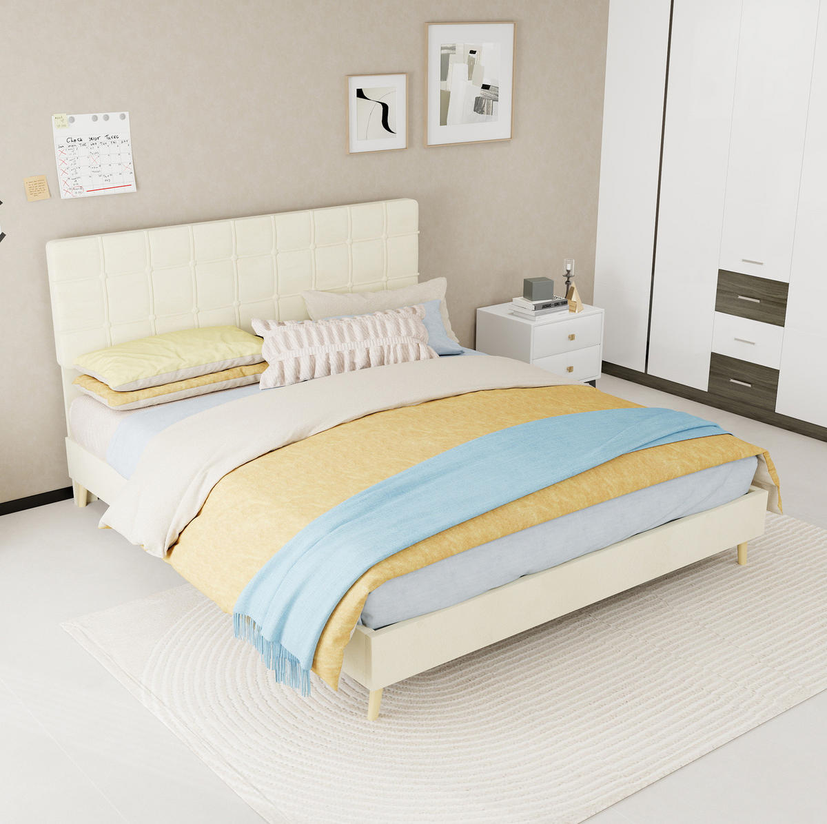 POLSTERBETT 160x200 cm in Beige mit gepolstertem Karostepp-Kopfteil inklusive Matratze - Beige, Textil (160/200cm) - IVMEU