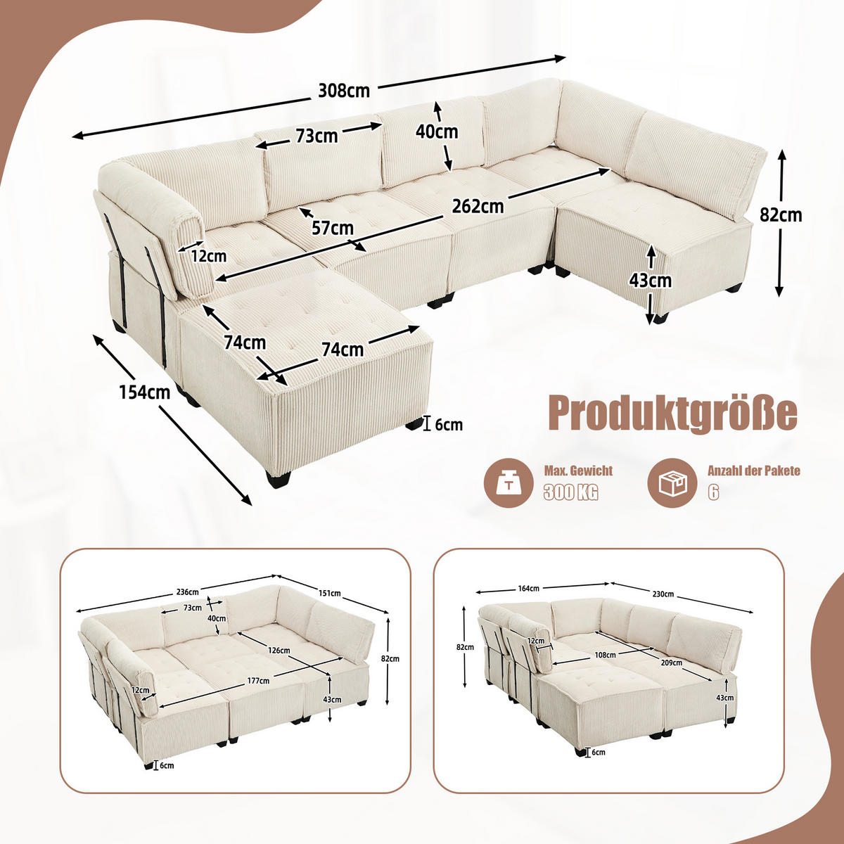 MODULARES 6-Sitzer Sofa Cord U-/L-Form und Eckschlafsofa Beige 308/154/82 cm - Beige, Textil (154/308cm) - Redom