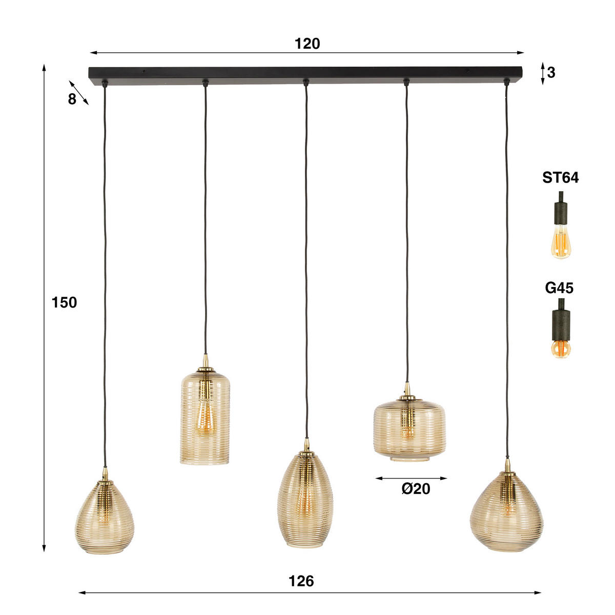 HÄNGELAMPE Stripe Braun 20/126/150 cm - Braun, Glas (20/126/150cm) - Hoyz Collection