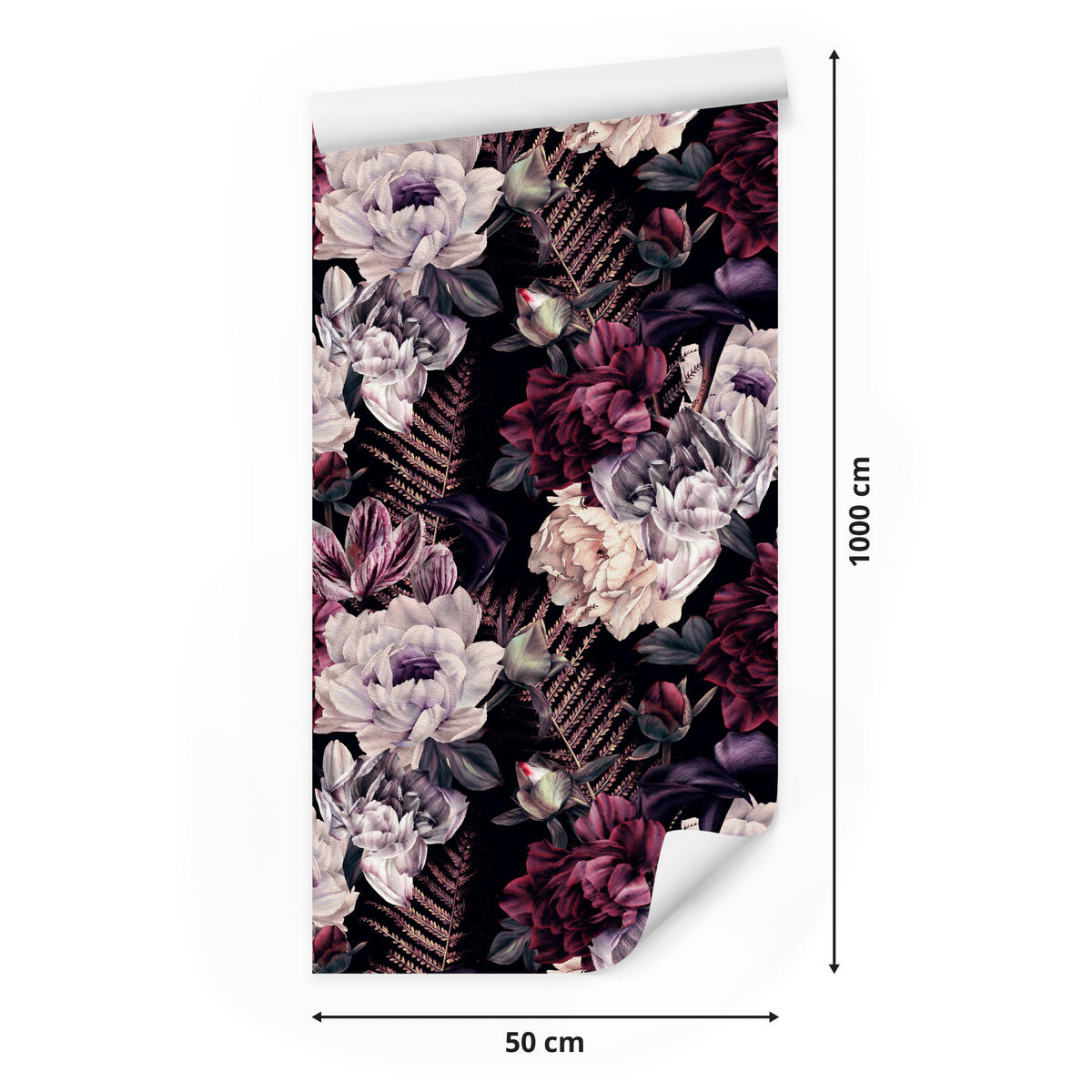 VLIESTAPETE Pfingstrosen im Glamour-Stil – Rosa, Lila, Schwarz – 50x1000 cm - Lila/Schwarz, Papier (50/1000cm) - Muralo