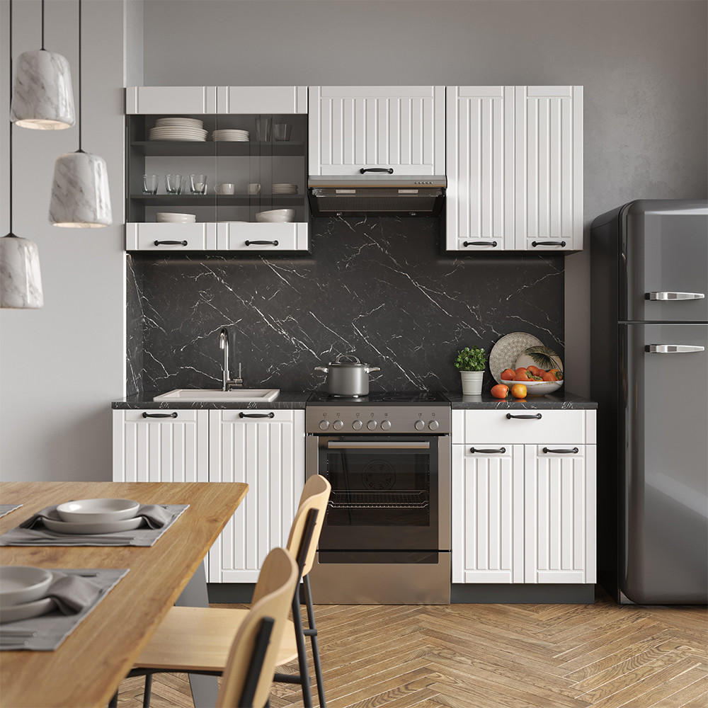KÜCHENZEILE Fame-Line Weiß Landhaus/Anthrazit 200 cm, AP Anthrazit - Anthrazit/Creme, Holzwerkstoff (200/81.6/60cm) - Vicco