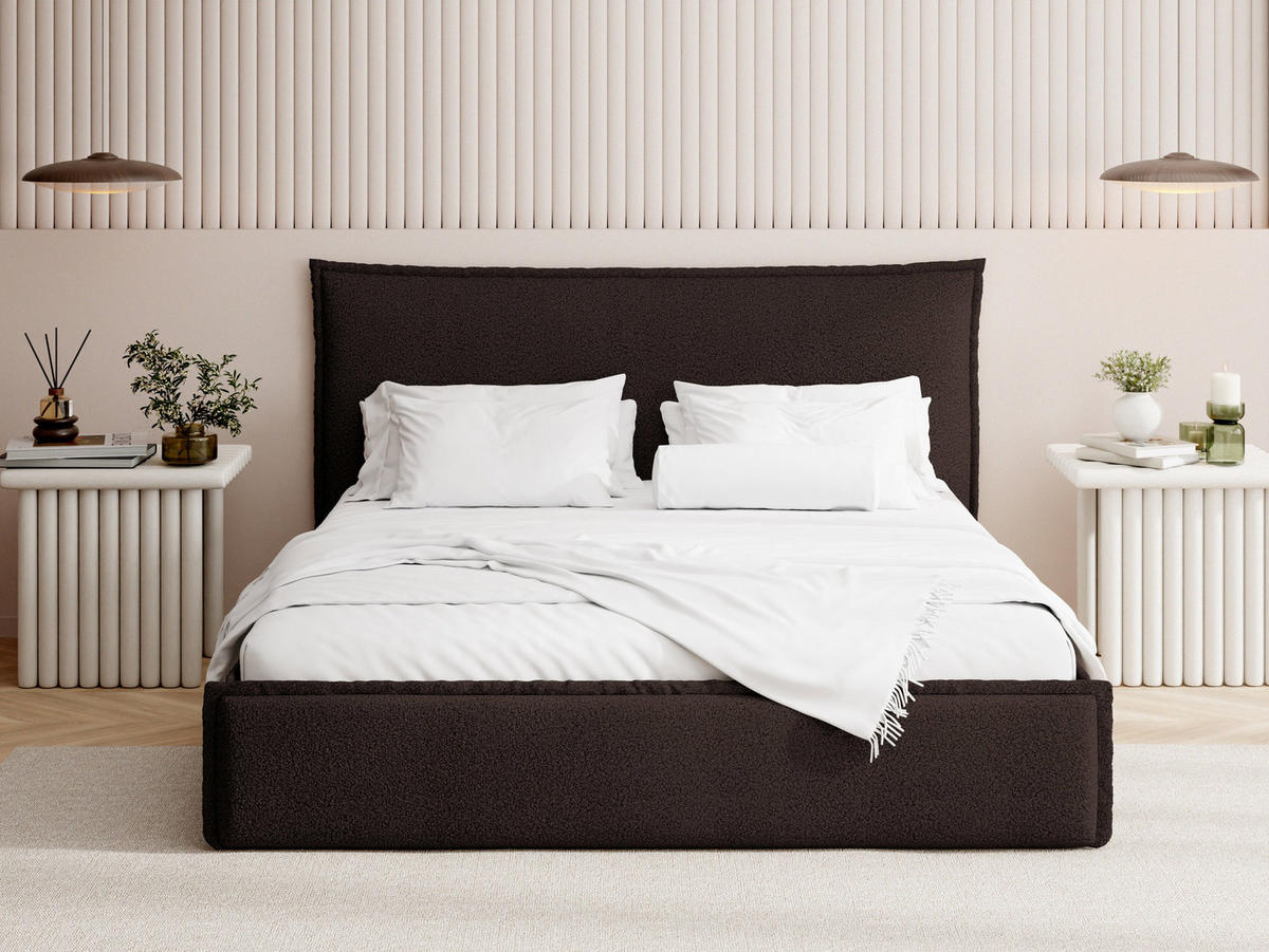 POLSTERBETT Pillow mit Bettkasten, Lattenrost & hohem Kopfteil in Braun Bouclé 160x200 cm - Birkefarben/Schwarz, Holz/Kunststoff (160/200cm) - WFL GROUP
