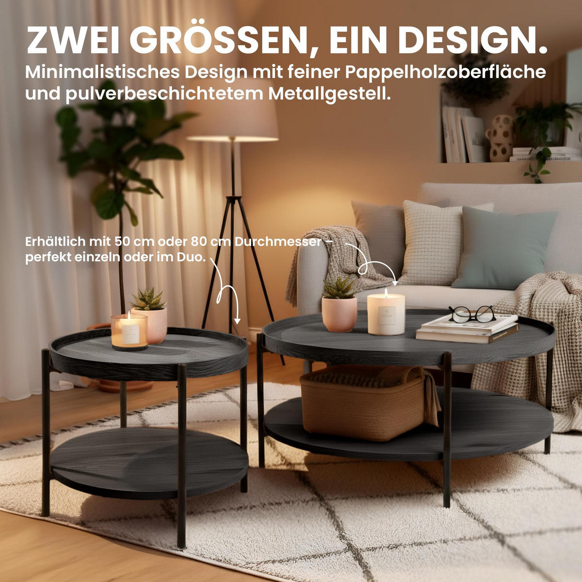 BEISTELLTISCH rund 80 cm Holz Grau - Schwarz/Grau, Holz/Metall (80/80/40cm) - CLP
