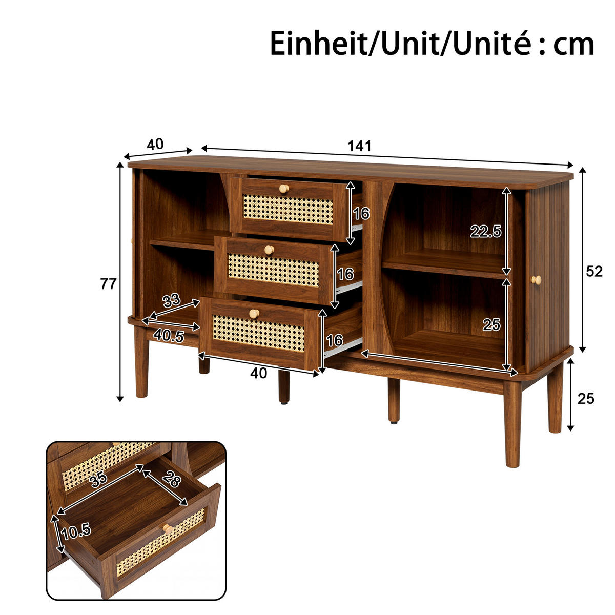 SIDEBOARD Rattan Schiebetüren verstellbare Böden modern - Walnussfarben, Holzwerkstoff (40/73/140.5cm) - FLIEKS