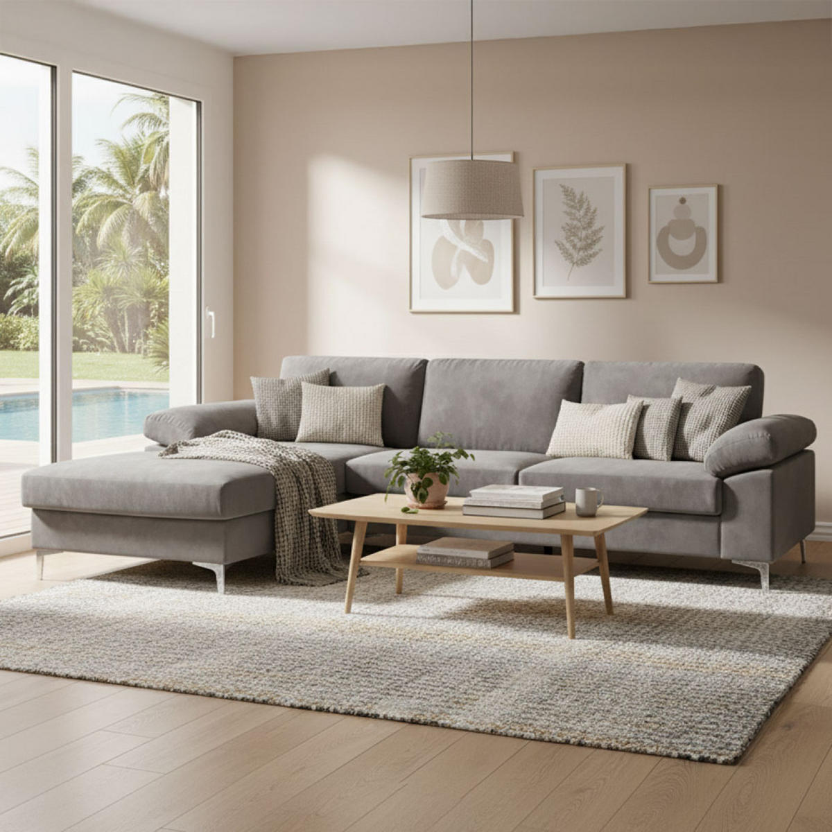 ECKSOFA galway grau 5-sitzer samt - Grau, Holz (262/132cm) - Concept Usine