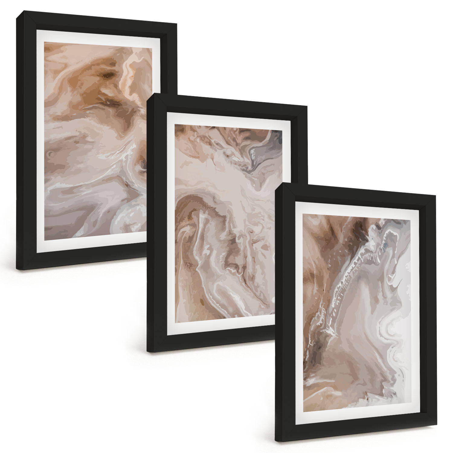 BILDER SET 3er Set - 20x30 cm Schwarzer Rahmen - Abstrakter Marmorstein - Schwarz, Kunststoff (20/30cm) - TULUP