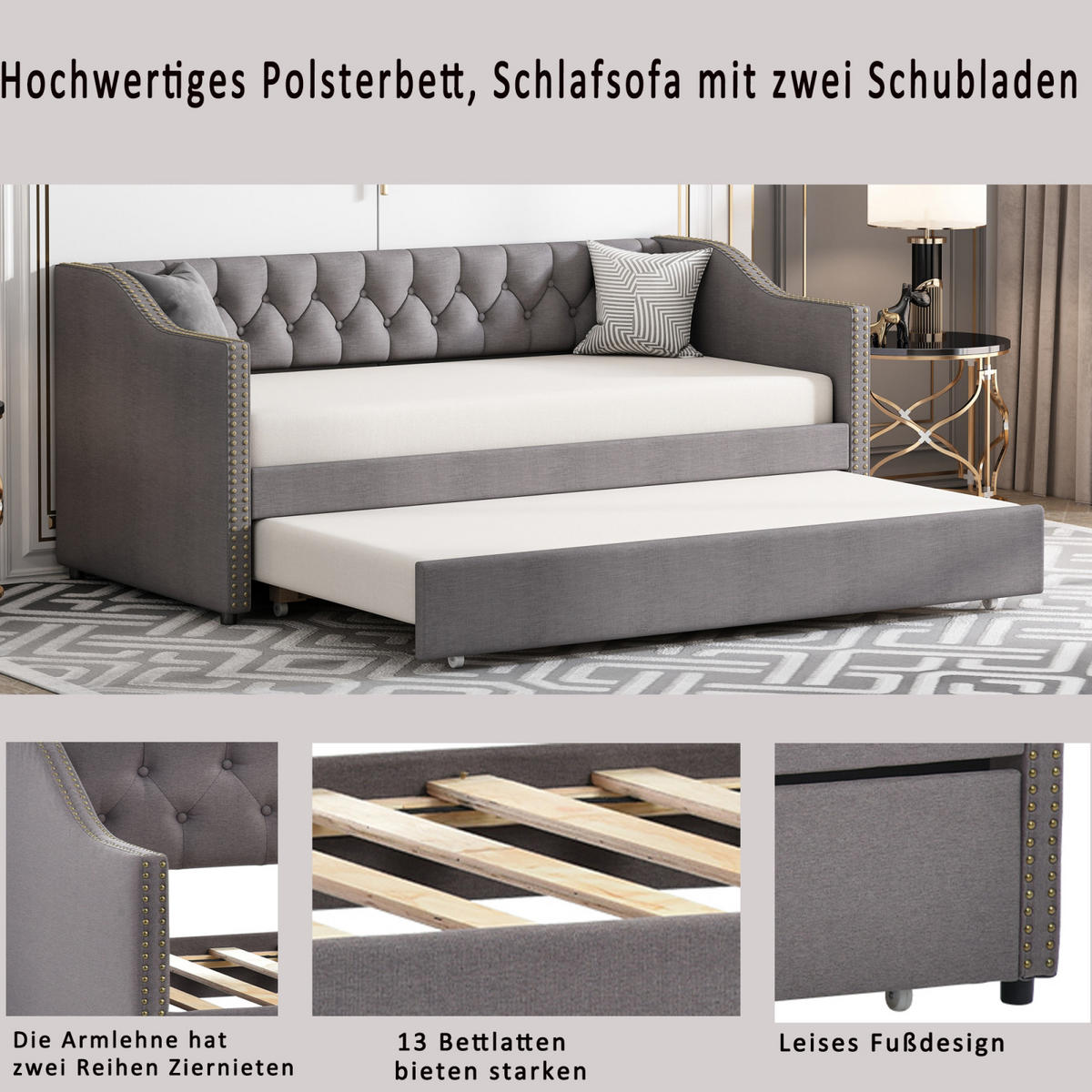 POLSTERBETT 90x200 cm, Grau, Tagesbett, Schlafsofa, mit 2 Schubladen - Grau, Textil/Metall (90/200cm)