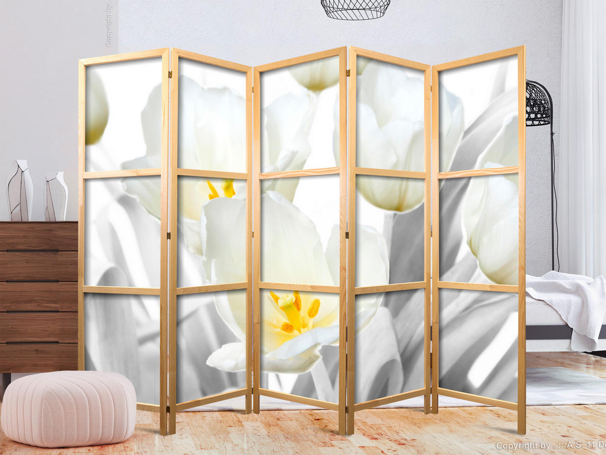 PARAVENT Japanischer 5-tlg 225x172 cm Wei e Blumen - Weiß, Holz/Textil (225/172/3cm) - Muralo