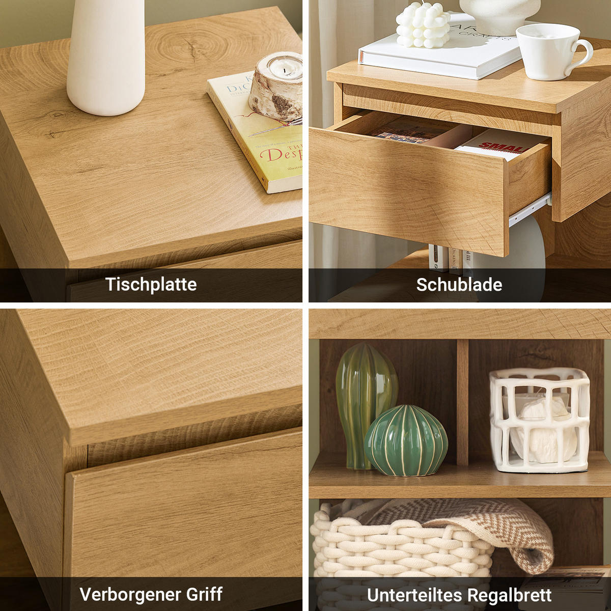 NACHTTISCH 2er Set, Beistelltisch Natur 39x39x65 cm - Naturfarben, Holzwerkstoff (39/65/39cm) - SoBuy